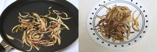 Collage of 2 images showing cooked onion and removed in a plate.