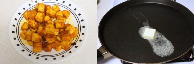 Collage of 2 images showing fried paneer in a plate and melting butter on tawa.