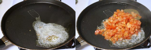 Collage of 2 images showing adding cumin seeds and tomatoes.