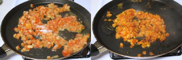 Collage of 2 images showing adding salt and cooked tomatoes.