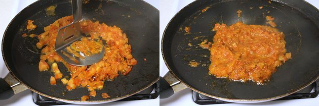 Collage of 2 images showing mashing tomatoes and mashed.