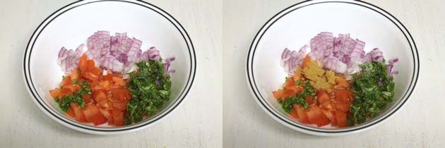 Collage of 2 images showing veggies and herbs in a bowl and mixed.