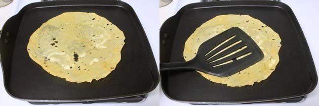 Collage of 2 images showing cooking papad on tawa by pressing with spatula.