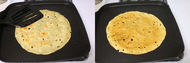 Collage of 2 images showing cooking another side of papad.