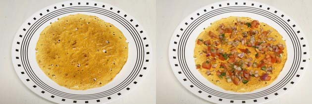 Collage of 2 images showing placing papad on the plate and adding veggie mixtute.