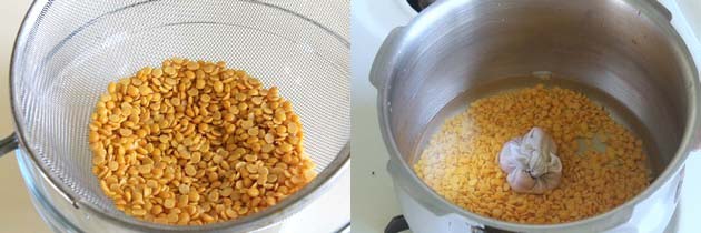 Collage of 2 images showing toor dal in a colander and in a pressure cooked with water and peanuts.