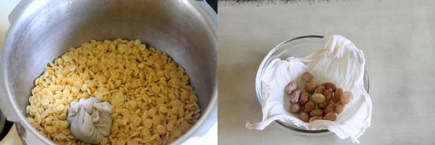 Collage of 2 images showing cooked dal and boiled peanuts in a bowl.