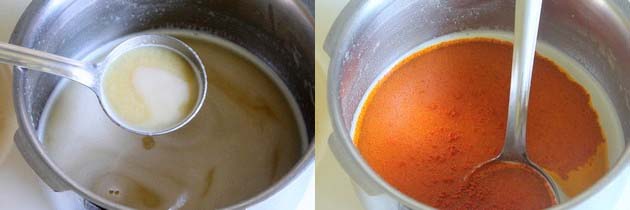 Collage of 2 images showing blended dal and adding spices.
