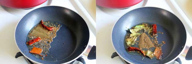 Collage of 2 images showing adding whole spices and curry leaves.