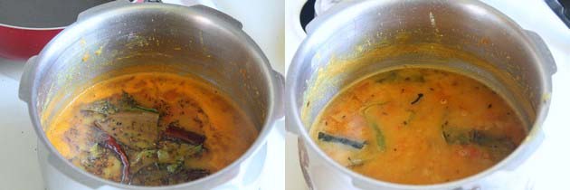 Collage of 2 images showing adding tadka to the dal and mixed.