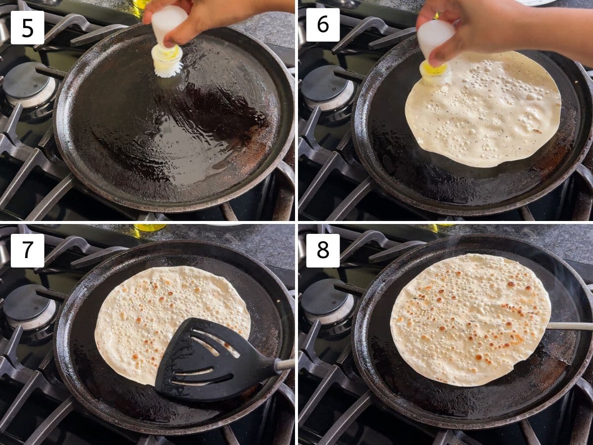 Collage of 4 images showing pan-frying papad with oil on tawa.