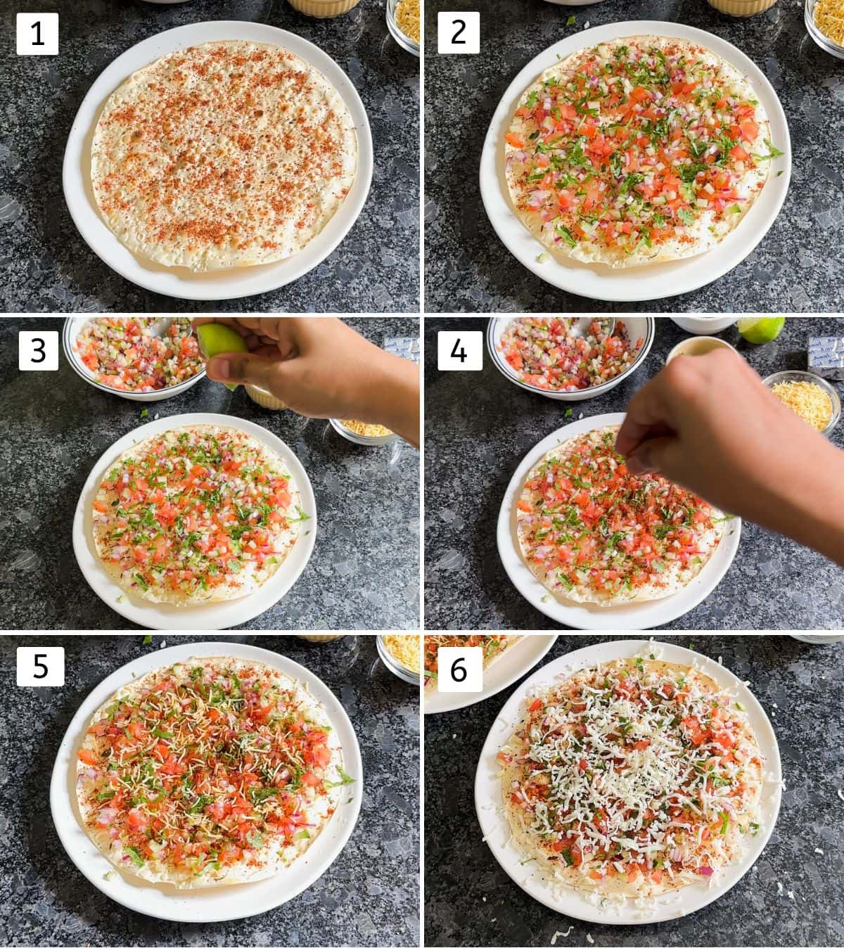 Collage of 6 images showing pan-fried papad topped with spice-mix, veggies, cilantro, lime juice, sev and cheese.