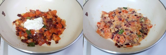 adding yogurt to cooked onion-tomato