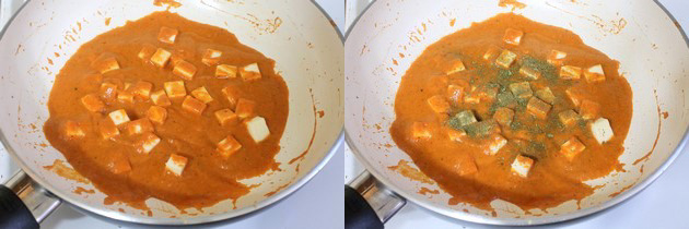 Mixing paneer and kasoori methi to paneer masala gravy