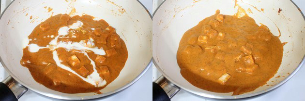 adding heavy cream to paneer masala curry