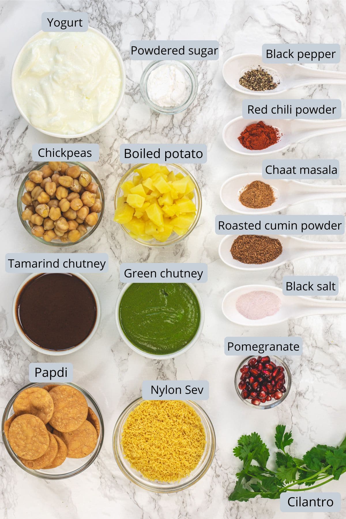 Papdi chaat recipe ingredients in bowls and spoons with labels.
