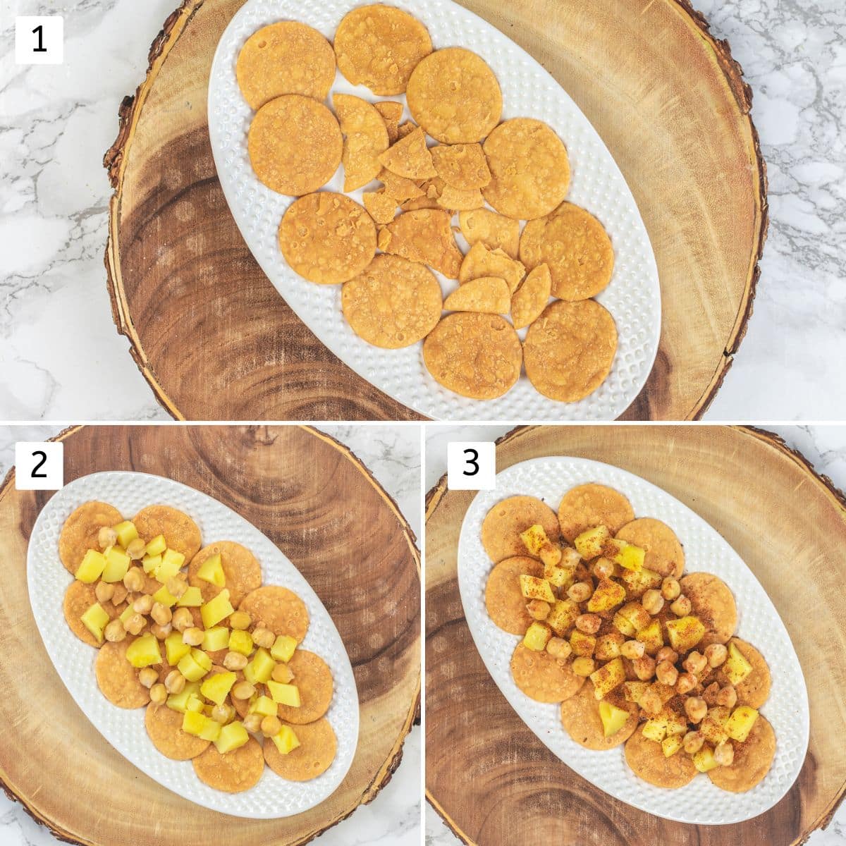 Collage of 3 images showing arranged papdi in a plate, adding chickpeas, potatoes and sprinkling spice mixture.
