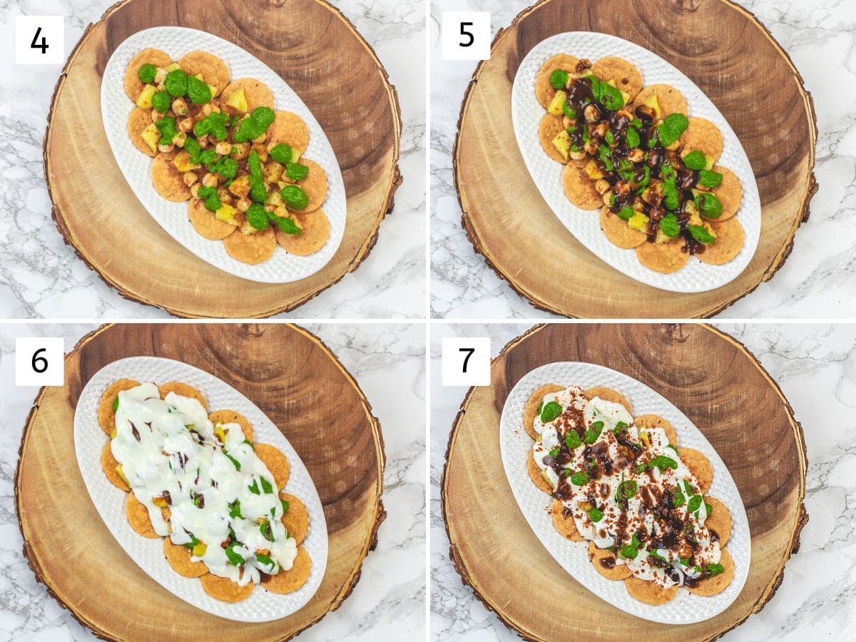 Collage of 4 images showing drizzled green chutney, meethi chutney, yogurt and again chutney.