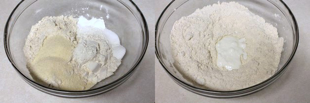 Collage of 2 images showing dry ingredients in a bowl and adding yogurt.
