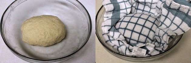 Collage of 2 images showing kneaded dough and covered with napkin.