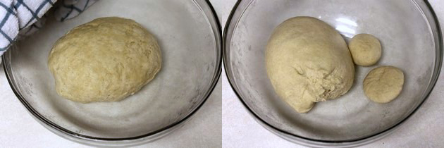 Collage of 2 images showing rested dough and divided into small balls.