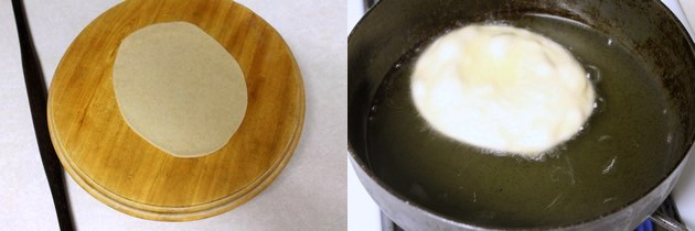 Collage of 2 images showing rolling bhatura and frying in the oil.