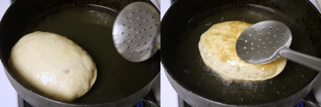 Collage of 2 images showing puffed up bhatura and pressing with spatula.