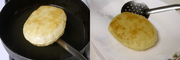 Removing fried bhatura and placing on the plate.