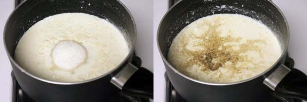 Adding sugar and cardamom powder