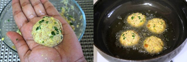 Collage of 2 images showing shaping vada and frying.