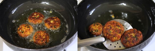 Collage of 2 images showing fried vada and removing 2 vada using spatula.