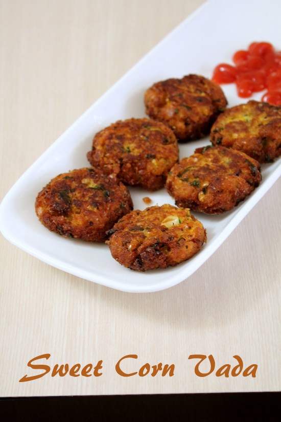 Sweet corn vada in a plate with ketchup.