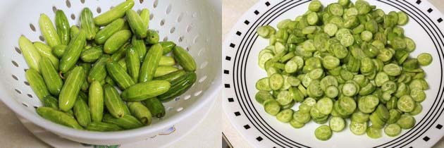 Collage of 2 images showing tendli in a colander and sliced.