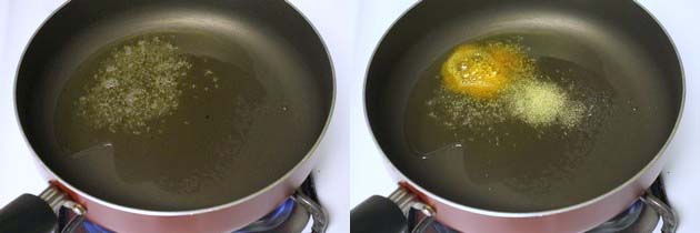 Collage of 2 images showing tempering on mustard seeds and adding turmeric and hing.