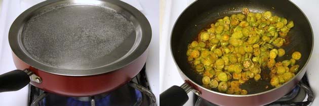 Collage of 2 images showing cooking with covered and cooked tondli.