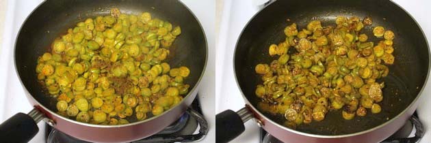 Collage of 2 images showing adding goda masala and mixed.