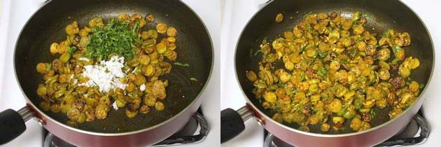 Collage of 2 images showing adding and mixing coconut and cilantro.