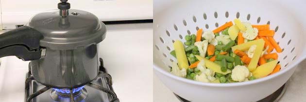 Collage of 2 images showing pressure cooker on the stove and veggies in a colander.