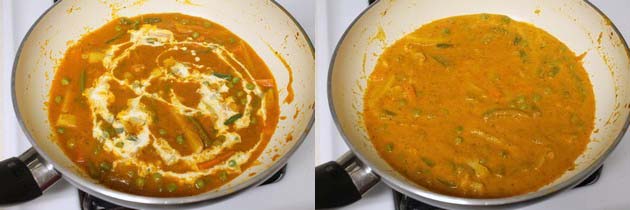 Collage of 2 images showing adding and mixing cream.