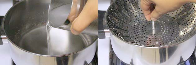 Collage of 2 images showing preparing steamer by adding a glass of water and placing a steamer basket.