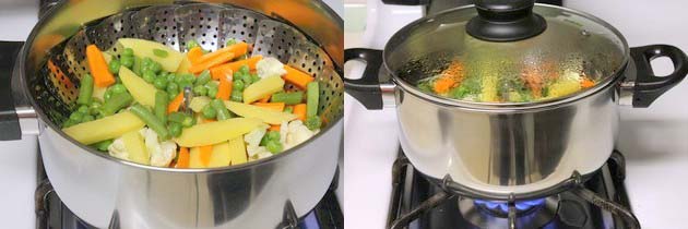 Collage of 2 images showing steaming veggies covered.
