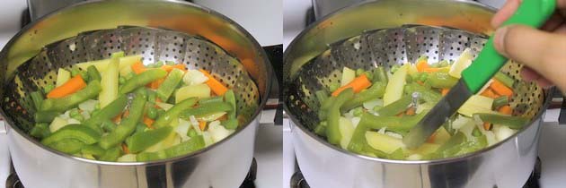Collage of 2 images showing cooked veggies and checking by a knife. 