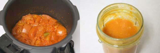 Collage of 2 images showing cooked tomatoes and ground into puree.