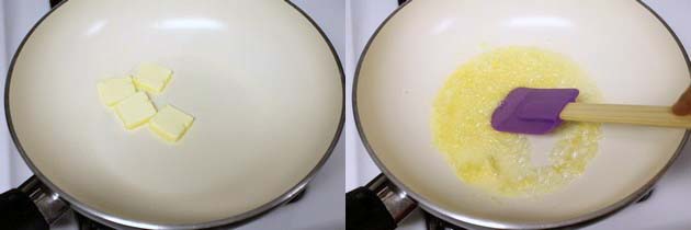 Collage of 2 images showing butter in a pan and cooking garlic.