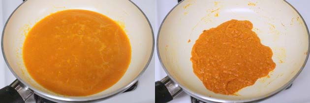 Collage of 2 images showing simmering tomato puree and cooked.