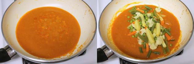 Collage of 2 images showing simmering gravy and adding cooked veggies.