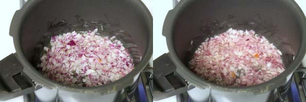 Collage of 2 images showing cooking onion in the cooker.