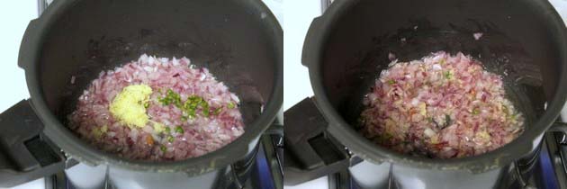 Collage of 2 images showing sauteing ginger, garlic and green chili.