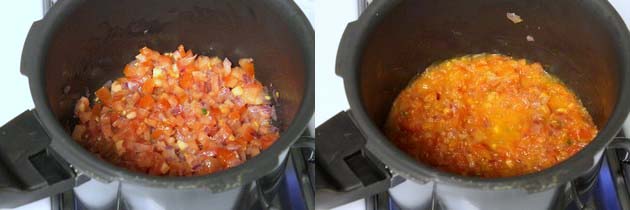 Collage of 2 images showing adding and cooking tomatoes.