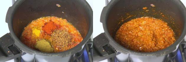 Collage of 2 images showing adding and mixing spice powders.